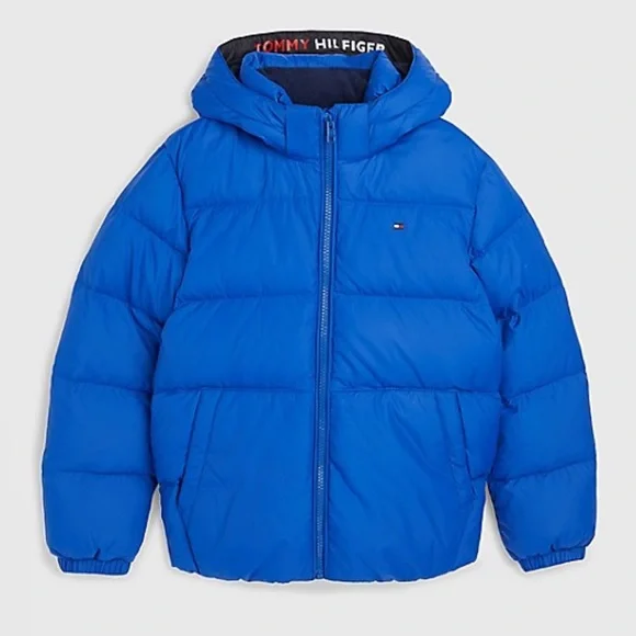 🆕 TOMMY HILFIGER HOODED DUCK DOWN PUFFER COAT BLACK BIG KID UNISEX 10 YEARS OLD